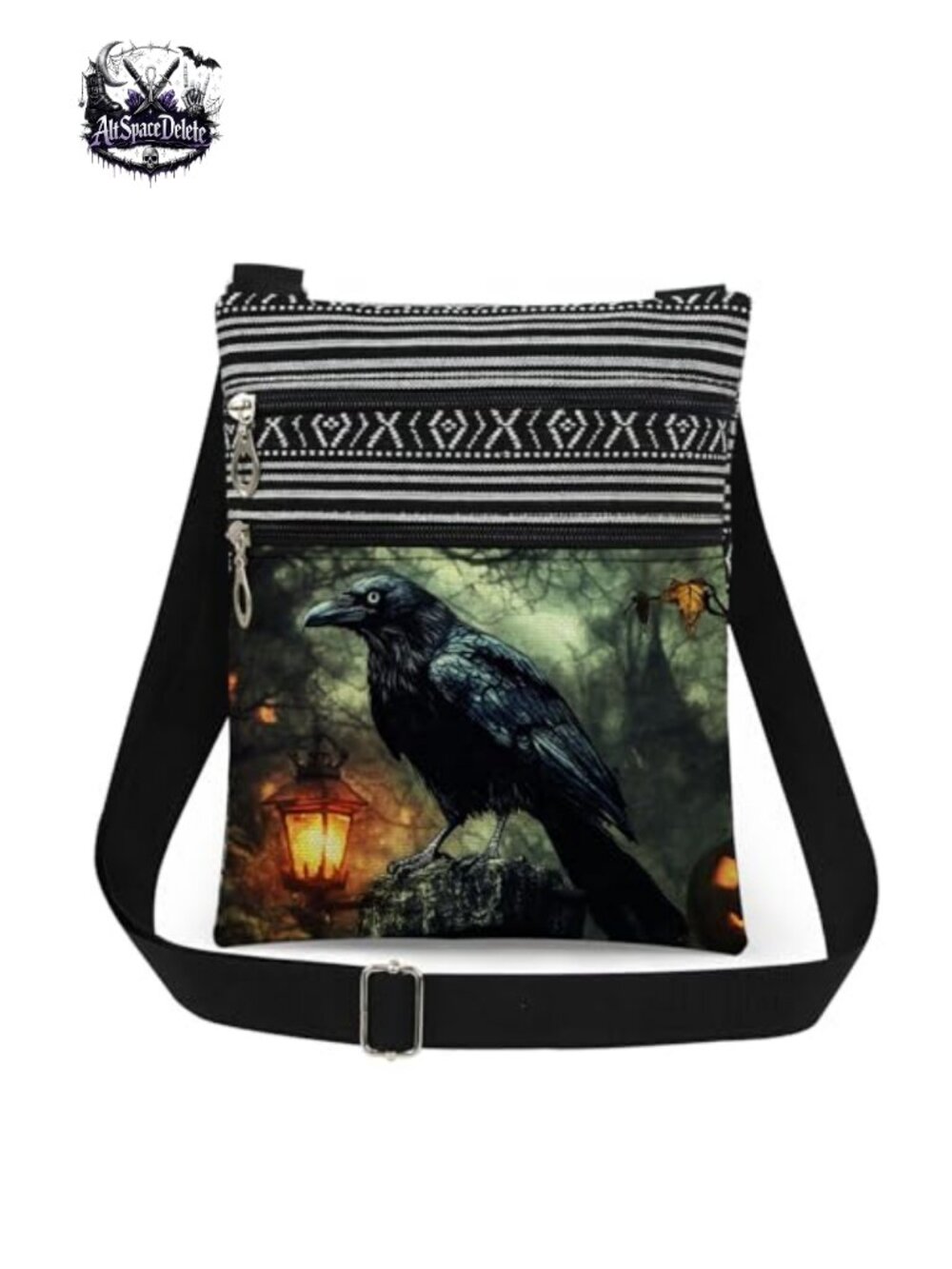 Gothic Raven Crossbody Bag Polyester Adjustable Strap Double Zipper Purse